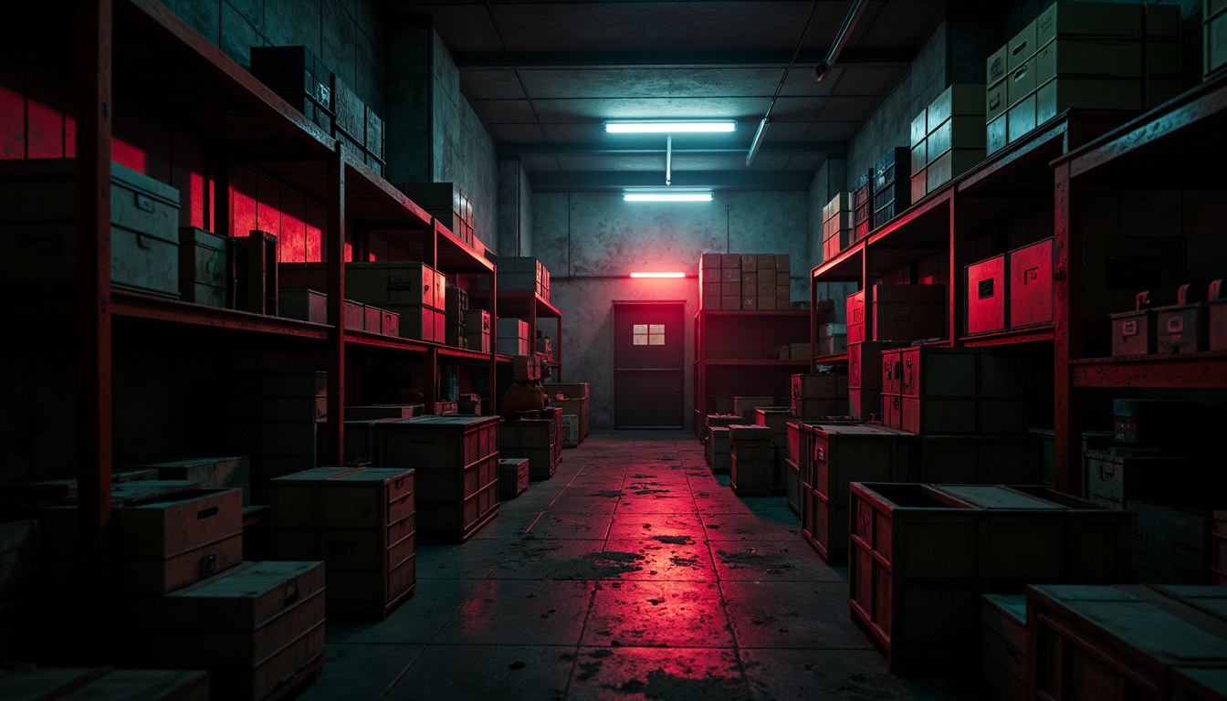 Prompt: Dimly lit storage room, eerie atmosphere, flickering fluorescent lights, old wooden crates, rusty metal shelves, mysterious shadows, dramatic contrast lighting, bold color schemes, abstract shapes, distorted reflections, surreal ambiance, industrial textures, weathered concrete walls, abandoned feel, dim red glow, high contrast ratios, narrow depth of field, 1/2 composition, cinematic mood, ominous tone.