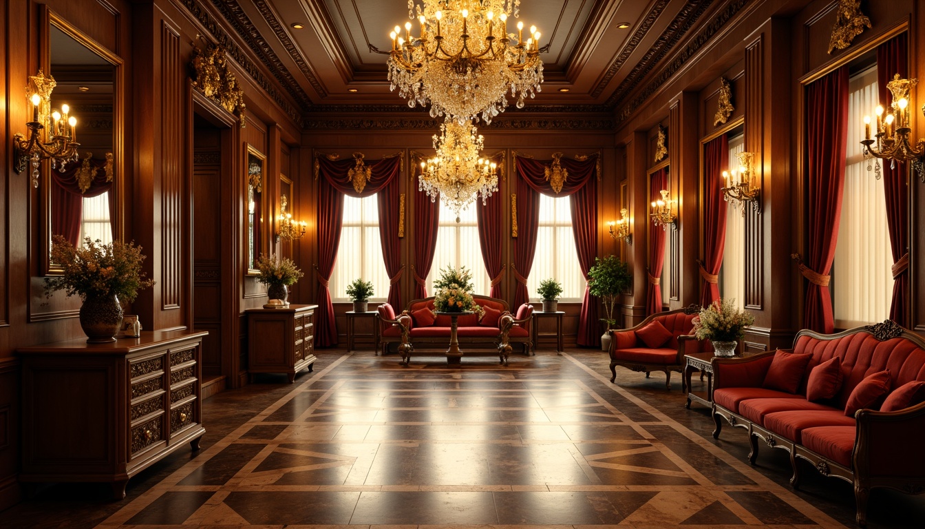 Prompt: Luxurious classic interior, rich wood tones, ornate carvings, velvet upholstery, intricate moldings, crystal chandeliers, marble flooring, polished bronze fixtures, warm golden lighting, soft focus blur, 1/1 composition, symmetrical balance, realistic reflections, ambient occlusion.