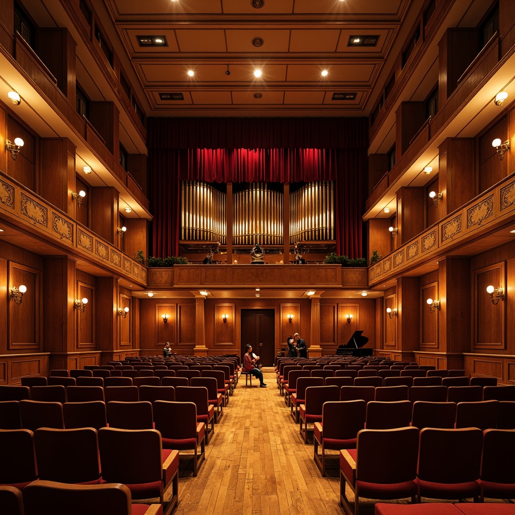 Prompt: Intimate concert hall, rich wood tones, ornate balconies, crimson velvet curtains, polished brass fixtures, grand pianos, soundproofed walls, acoustic panels, tiered seating, warm soft lighting, shallow depth of field, 2/3 composition, realistic textures, ambient occlusion, elegant chandeliers, refined wooden floors, sophisticated architectural details, vintage music instruments, nostalgic ambiance, evening atmosphere, soft focus blur.