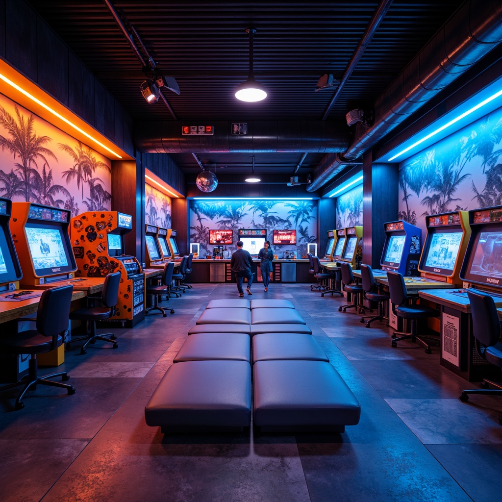 Prompt: Vibrant game room, bold accent walls, neon color scheme, futuristic LED lights, metallic finishes, high-gloss floors, sleek gaming stations, ergonomic chairs, immersive VR experience, retro arcade machines, nostalgic console games, cozy reading nooks, rich wood tones, dynamic lighting effects, cinematic sound systems, abstract geometric patterns, electric blue hues, fiery orange accents, deep black backgrounds, matte white surfaces, modern minimalist decor.