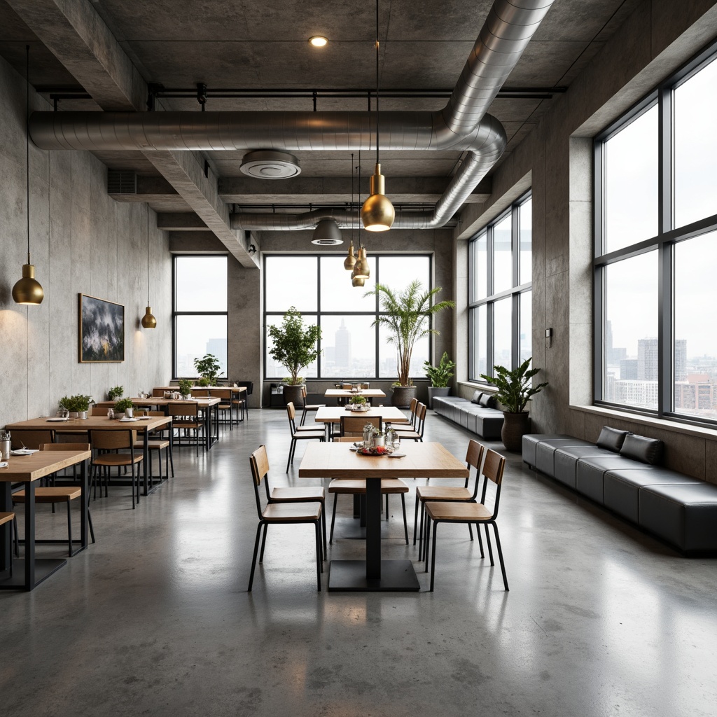 Prompt: Minimalist dining hall, industrial chic aesthetic, polished concrete floors, reclaimed wood tables, metal chairs, sleek lighting fixtures, neutral color palette, exposed ductwork, minimal ornamentation, functional simplicity, abundant natural light, floor-to-ceiling windows, urban loft atmosphere, Scandinavian-inspired design, monochromatic tones, subtle textures, airy openness, 1/1 composition, soft diffused lighting, realistic reflections.