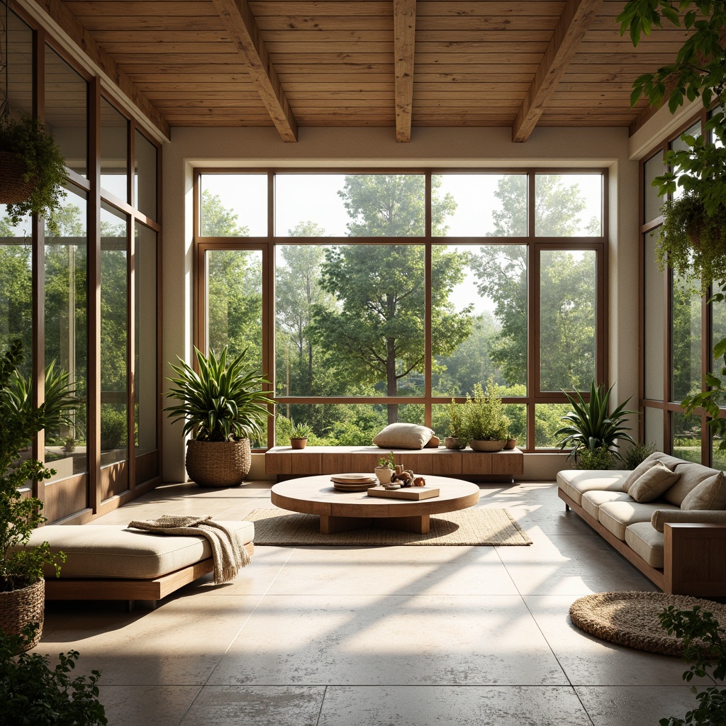 Prompt: \Sun-drenched sunroom, open space concept, floor-to-ceiling windows, sliding glass doors, natural stone flooring, minimalist decor, modern furniture, greenery walls, hanging plants, warm wood accents, cozy reading nooks, soft warm lighting, shallow depth of field, 1/1 composition, panoramic view, realistic textures, ambient occlusion, serene atmosphere.\