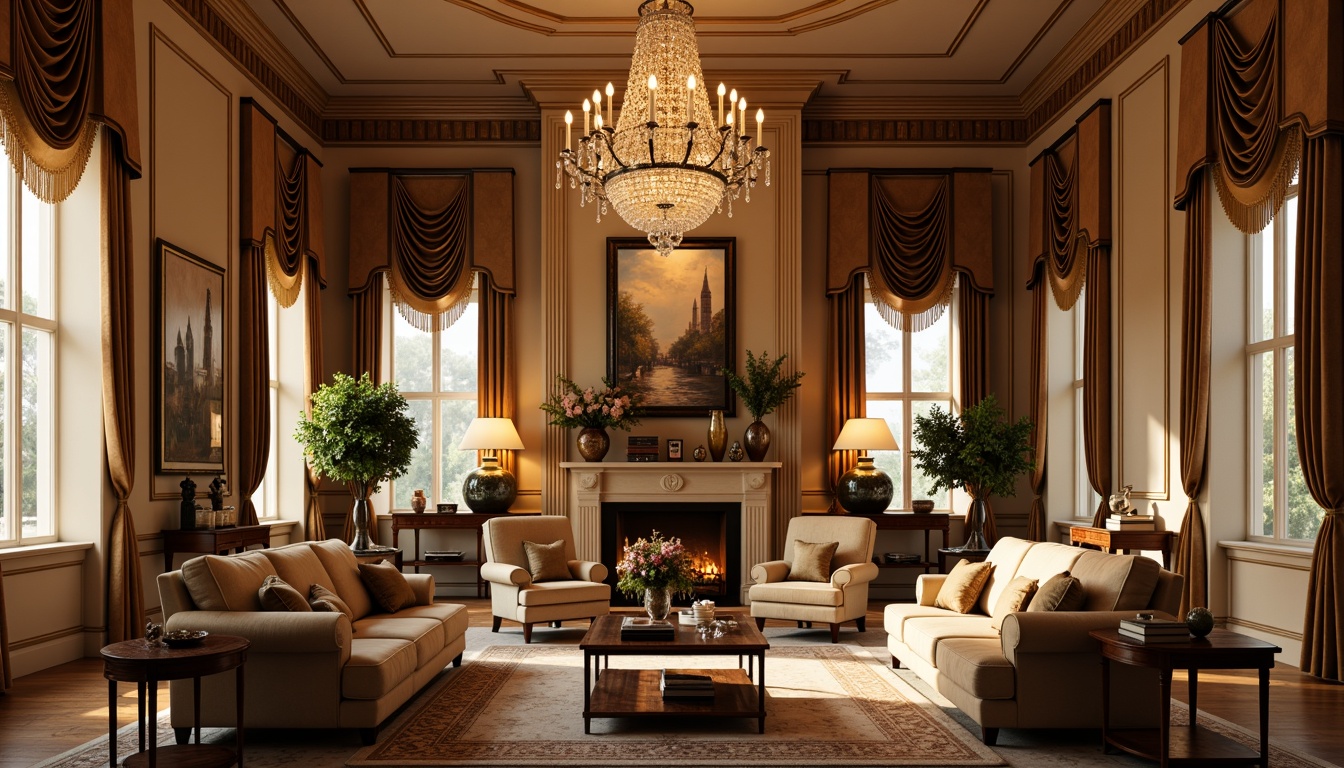 Prompt: Elegant family room, neoclassical furniture, ornate wooden paneling, rich velvet fabrics, warm golden lighting, crystal chandeliers, softbox lights, floor lamps, table lamps, warm beige walls, high ceilings, large windows, drapery with gold tassels, antique vases, classic artwork, refined atmosphere, subtle shadows, 1/1 composition, natural textures, realistic reflections.