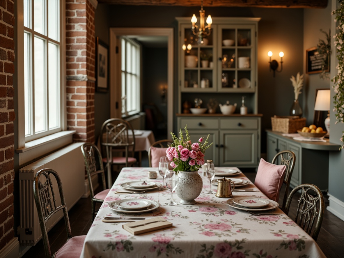 Prompt: Vintage distressed fabrics, soft pastel hues, lace trimmings, floral patterns, rustic wooden tables, plush velvet cushions, ornate metal chairs, delicate china cabinets, worn brick walls, warm candlelight, natural woven baskets, antique silverware, classic breakfast settings, elegant candelabras, soft morning light, shallow depth of field, 1/1 composition, realistic textures.