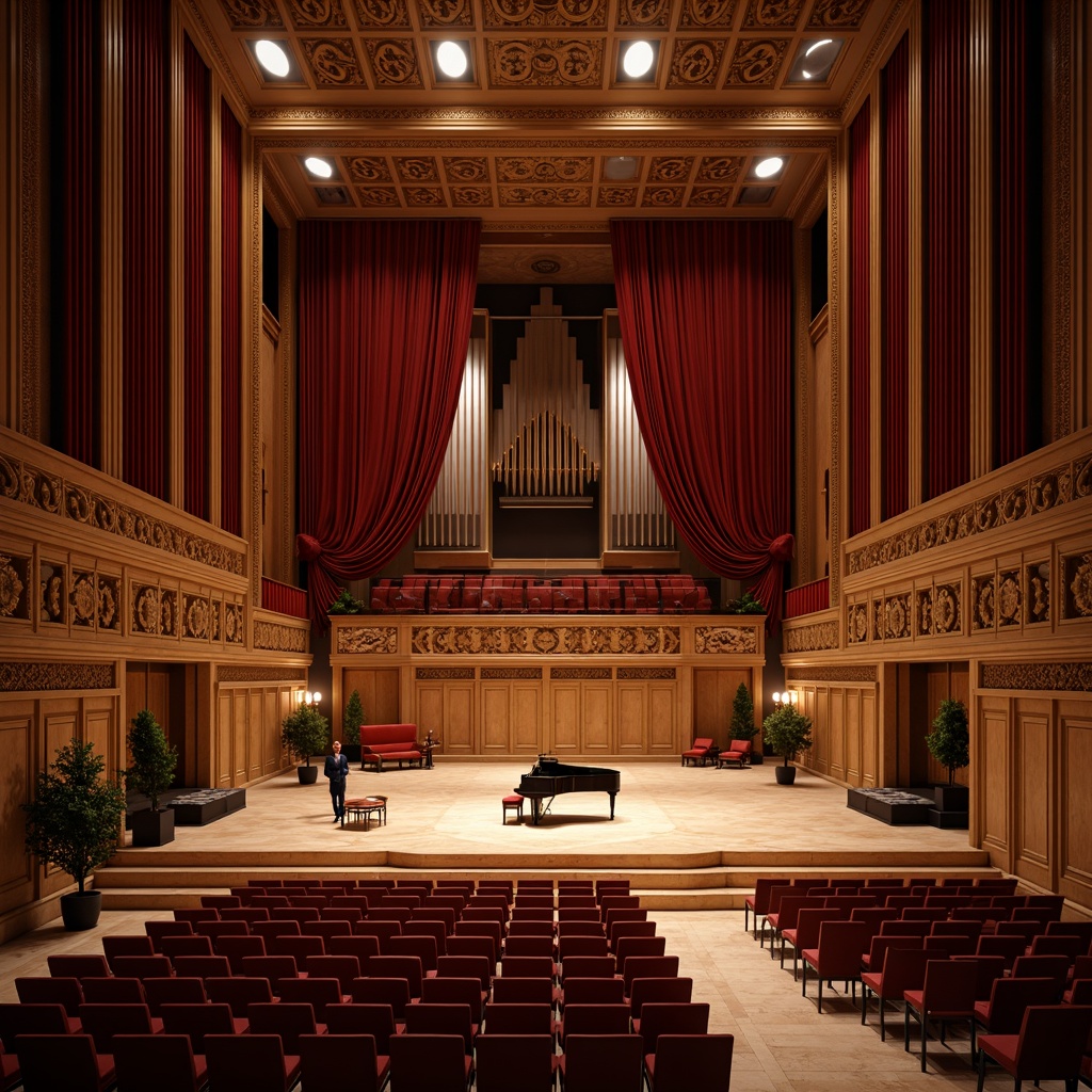 Prompt: Elegant concert hall, ornate wooden panels, rich velvet curtains, grand piano, sophisticated sound systems, refined acoustic design, intimate seating arrangement, warm ambient lighting, subtle color palette, intricate moldings, neoclassical architecture, high ceilings, crystal chandeliers, luxurious upholstery, polished wood floors, sound-absorbing materials, precise speaker placement, shallow depth of field, 2/3 composition, soft focus effect, realistic textures, ambient occlusion.