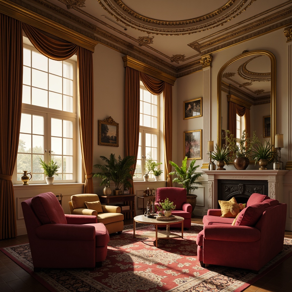 Prompt: Rich ornate furnishings, luxurious velvet fabrics, warm golden lighting, soft cream walls, elegant marble columns, intricate moldings, refined bronze accents, subtle earthy tones, muted berry hues, sophisticated neutral shades, dramatic chiaroscuro, atmospheric perspective, 1/1 composition, cinematic lens flares, realistic material textures, ambient occlusion.