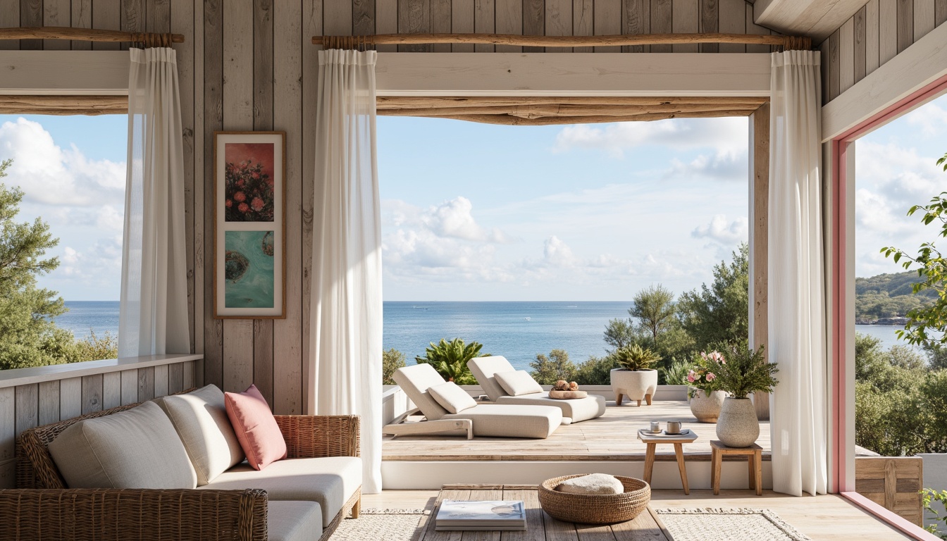 Prompt: Coastal-themed interior, soft calming colors, weathered wood accents, natural textures, ocean-inspired hues, driftwood gray walls, sea salt white trim, coral pink undertones, distressed finishes, beachy vibe, relaxed atmosphere, large windows, sliding glass doors, ocean views, sunny day, warm soft lighting, shallow depth of field, 3/4 composition, realistic textures, ambient occlusion.