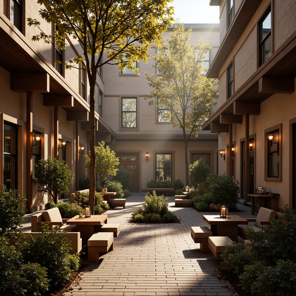 Prompt: Cozy campus courtyard, rustic wooden benches, vintage lanterns, warm golden lighting, soft ambient glow, natural stone pathways, brick buildings, craftsman style architecture, stained glass windows, earthy color palette, organic textures, warm beige walls, comfortable seating areas, intimate gathering spaces, softbox lighting, 1/2 composition, shallow depth of field, realistic rendering, atmospheric mist.