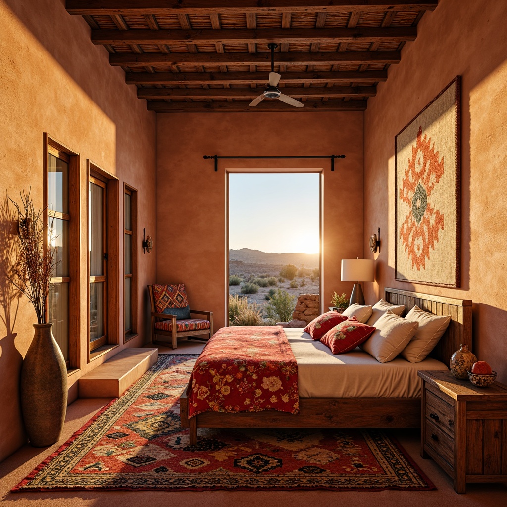 Prompt: Vibrant southwestern bedroom, earthy tone walls, rustic wooden furniture, woven wool blankets, colorful Navajo-inspired rugs, plush pillows, natural linen fabrics, geometric patterned throws, embroidered bedspreads, hand-painted ceramic vases, adobe-style architecture, warm desert sunset, soft golden lighting, shallow depth of field, 1/2 composition, realistic textures, ambient occlusion.