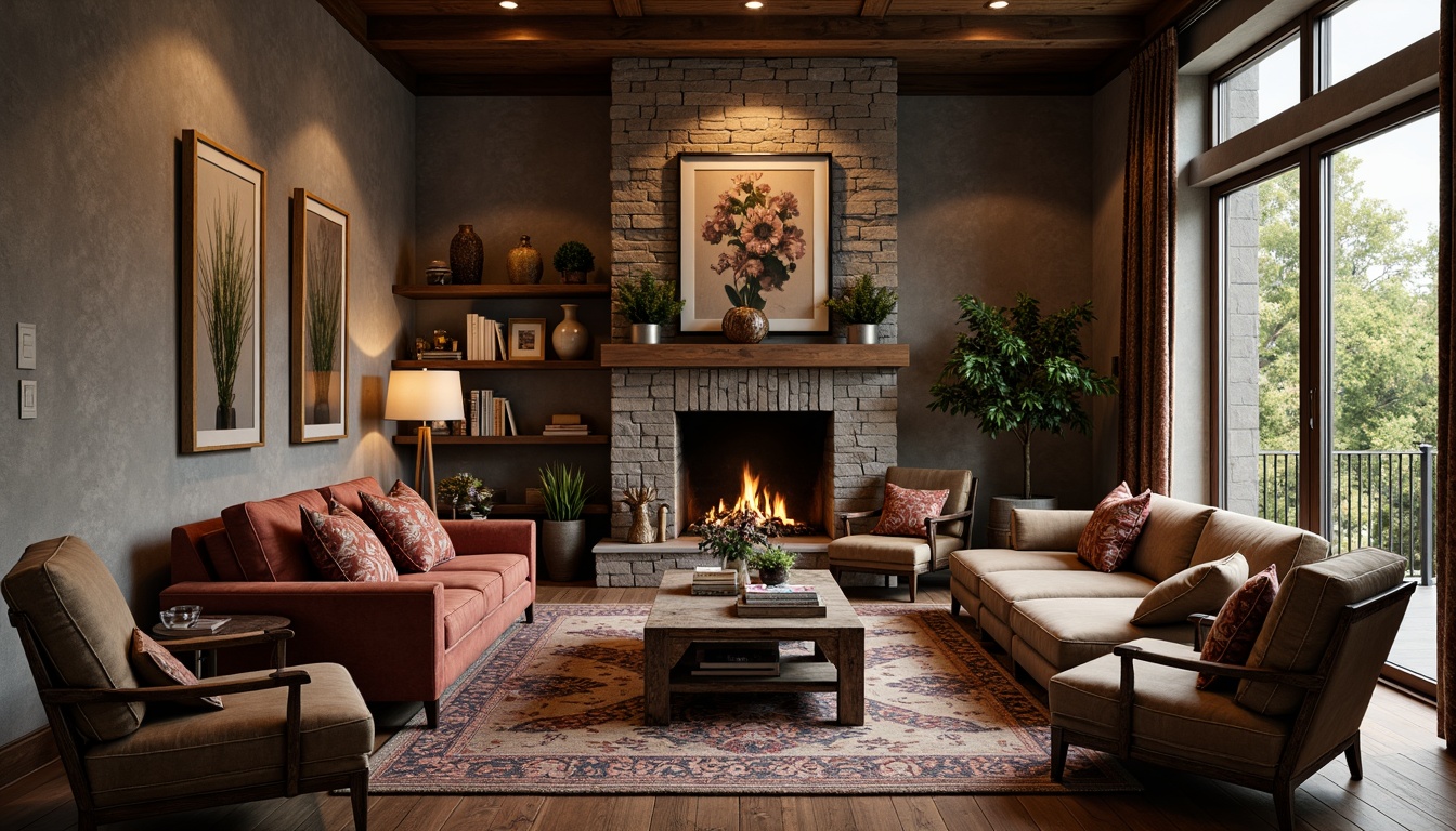 Prompt: Luxurious living room, richly textured walls, plush velvet sofas, reclaimed wood coffee tables, ornate metal frames, distressed leather armchairs, tufted ottomans, soft warm lighting, 1/1 composition, intimate atmosphere, cozy reading nooks, floor-to-ceiling windows, natural stone fireplaces, rustic wooden beams, elegant drapery, intricate rug patterns, ambient occlusion.