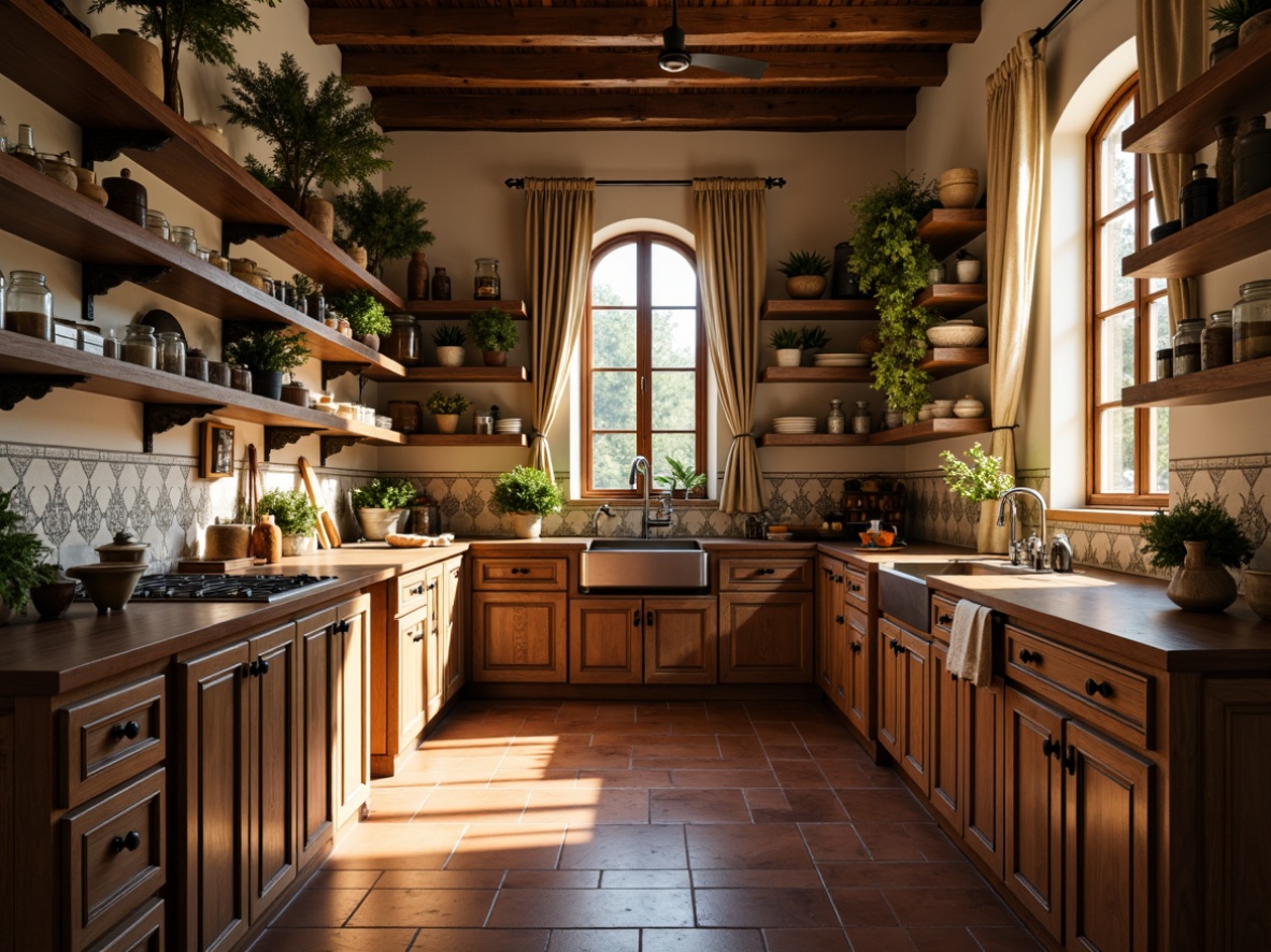 Prompt: Rustic pantry, distressed wooden shelves, ornate metal brackets, vintage apothecary jars, antique kitchen utensils, warm golden lighting, earthy terracotta flooring, soft beige walls, decorative ceramic tiles, elegant crown molding, rich walnut cabinetry, intricate carvings, luxurious velvet drapes, subtle linen textures, warm afternoon sunlight, shallow depth of field, 2/3 composition, realistic reflections.