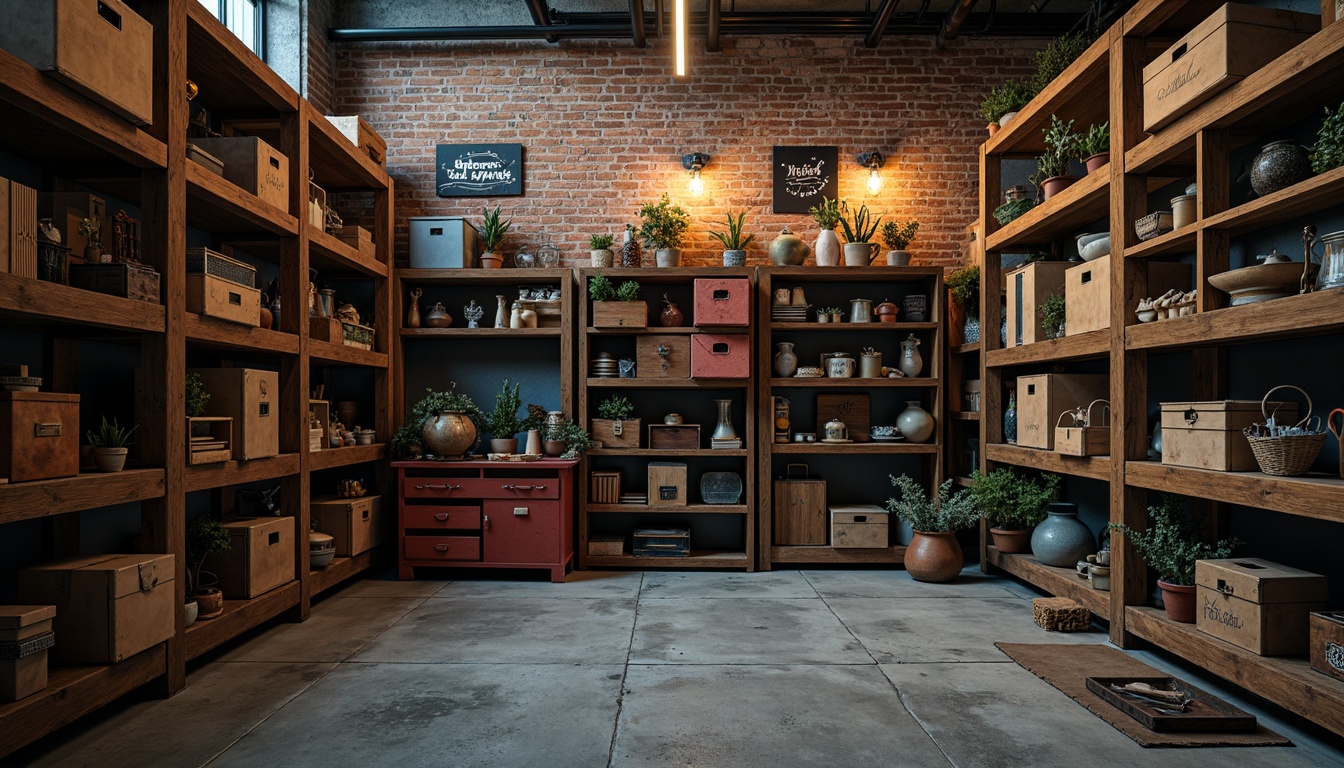 Prompt: Rich storage room, industrial metal shelving units, distressed wooden crates, eclectic vintage items, warm earthy tones, muted blues, rusty reds, worn leather textures, rough concrete floors, exposed brick walls, Edison bulb lighting, soft atmospheric glow, 1/2 composition, low-key ambient lighting, realistic dust particles, subtle grain noise.