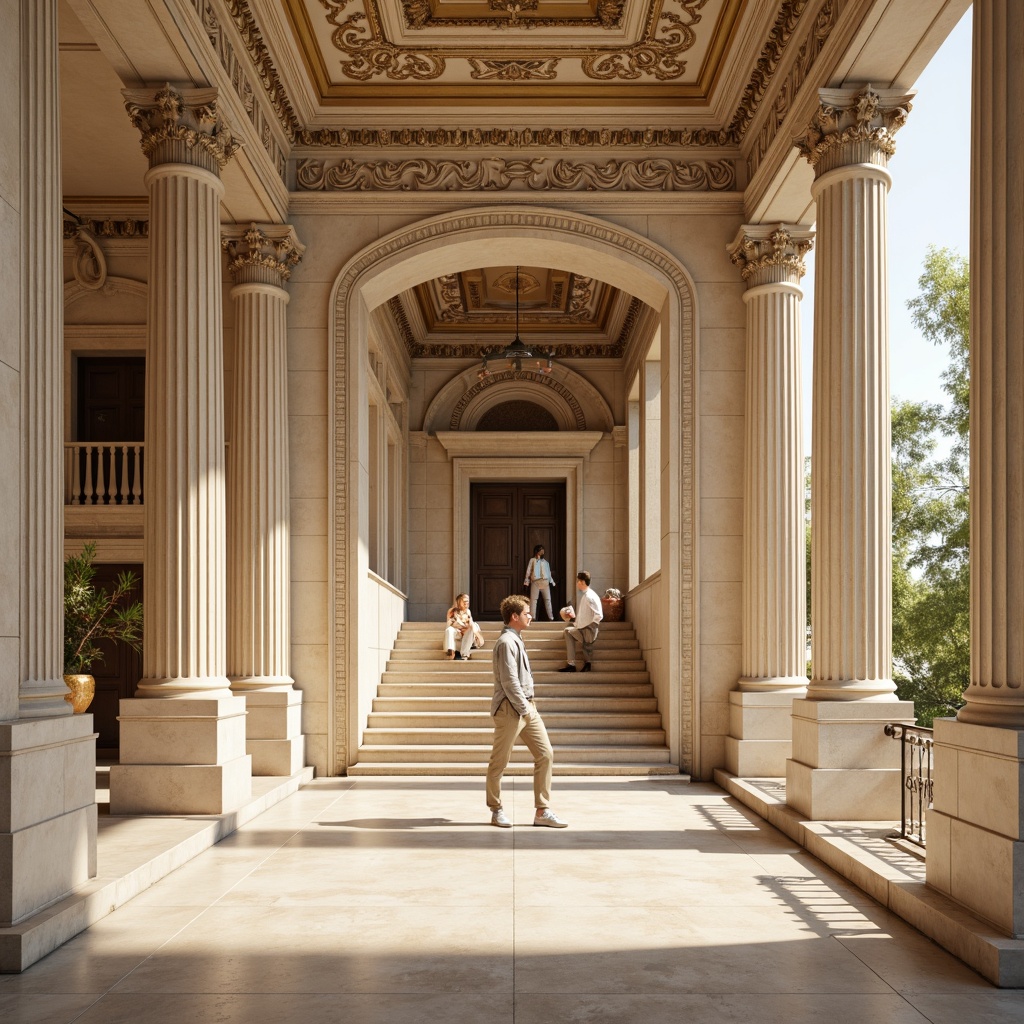 Prompt: Grandiose classical architecture, ornate columns, Corinthian capitals, fluted shafts, pedestals, architraves, friezes, grand entrances, sweeping staircases, lavish decorations, creamy marble, elegant proportions, symmetrical facades, rusticated bases, acanthus leaf motifs, subtle lighting, warm beige tones, 1/2 composition, low-angle shot, dramatic shadows, realistic textures, ambient occlusion.