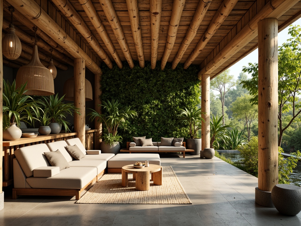 Prompt: Earthy tone, reclaimed wood, bamboo accents, living green walls, natural stone floors, organic textures, woven fibers, eco-friendly furniture, minimal ornamentation, abundant natural light, soft warm ambiance, shallow depth of field, 3/4 composition, panoramic view, realistic materials, ambient occlusion.