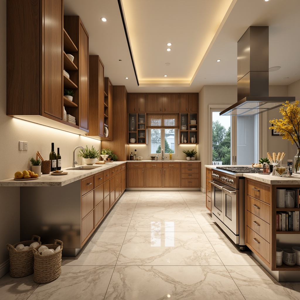 Prompt: Elegant kitchen, sleek countertops, modern cabinetry, stainless steel appliances, sophisticated lighting fixtures, warm beige walls, polished marble floors, intricate tile patterns, subtle texture variations, soft natural light, shallow depth of field, 1/1 composition, realistic reflections, ambient occlusion.