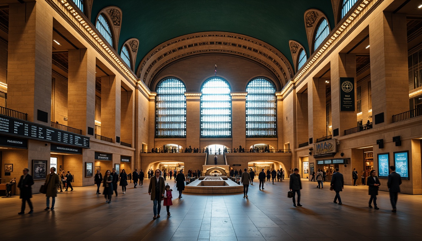 Prompt: Grand train station, vaulted ceilings, ornate chandeliers, intricate mosaics, symmetrical archways, Beaux-Arts style, grand staircases, elegant waiting areas, bustling concourses, arrival/departure boards, ticket counters, newsstands, snack kiosks, pedestrian tunnels, underground walkways, natural stone flooring, industrial metal beams, large clock towers, dramatic lighting effects, cinematic shadows, atmospheric fog, 1/2 composition, symmetrical framing, realistic textures, ambient occlusion.