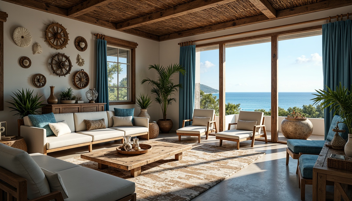 Prompt: Rustic wooden accents, natural woven fibers, ocean-inspired blues, distressed finishes, vintage nautical artifacts, coral patterns, shell decorations, driftwood furniture, beachy textures, soft warm lighting, shallow depth of field, 1/1 composition, relaxed atmosphere, casual seating areas, refreshing coastal colors, tropical plants, sandy neutrals, weathered wood tones, ornate metal fixtures, elegant glass vases, serene ocean views, calm ambiance.