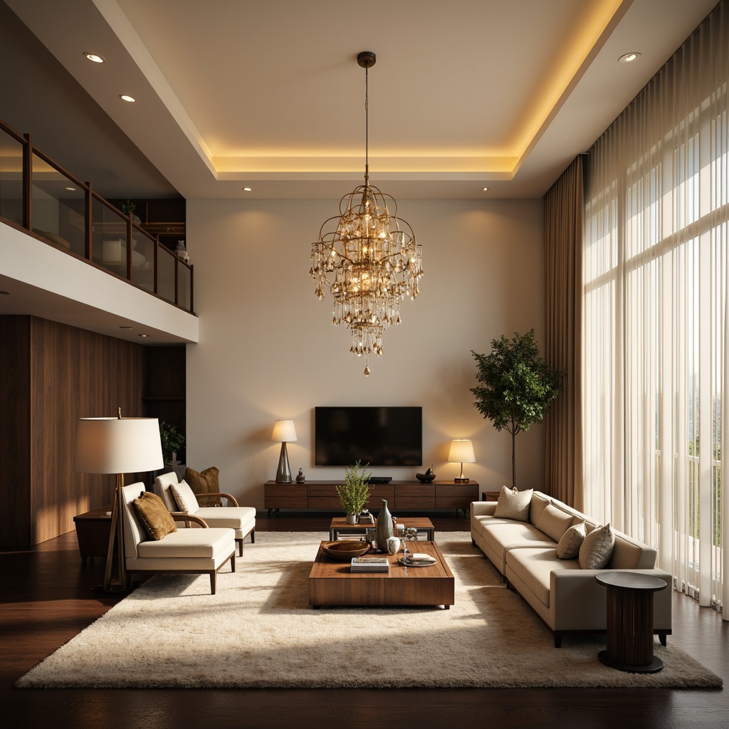 Prompt: Elegant living room, modern chandelier, warm ambient lighting, soft cream walls, dark wood furniture, plush area rug, floor lamps, table lamps, pendant lights, metallic accents, luxurious textiles, cozy atmosphere, morning sunlight, shallow depth of field, 1/1 composition, realistic reflections, soft focus blur.