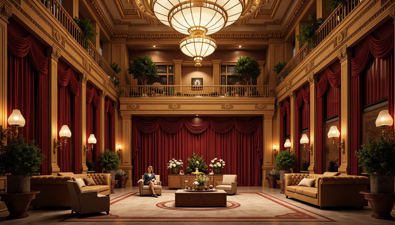 Prompt: Ornate theater interior, neoclassical architecture, grand chandelier, velvet curtains, golden accents, luxurious upholstery, curved wooden benches, intricate carvings, marble floors, dramatic spotlighting, warm ambient lighting, high ceilings, ornamental moldings, gilded frames, rich fabrics, tufted sofas, wingback chairs, console tables, crystal vases, elegant centerpieces, formal atmosphere, 3/4 composition, shallow depth of field, realistic textures, ambient occlusion.