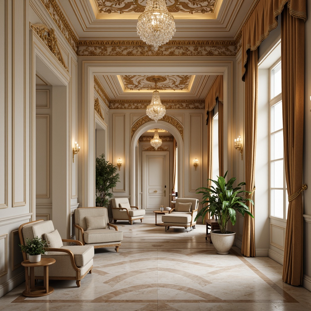 Prompt: Elegant classic interior, ornate moldings, intricate carvings, rich wood paneling, cream-colored walls, subtle texture, luxurious fabrics, velvet drapes, golden accents, crystal chandeliers, marble flooring, herringbone patterns, soft warm lighting, shallow depth of field, 1/1 composition, intimate atmosphere, realistic reflections, ambient occlusion.