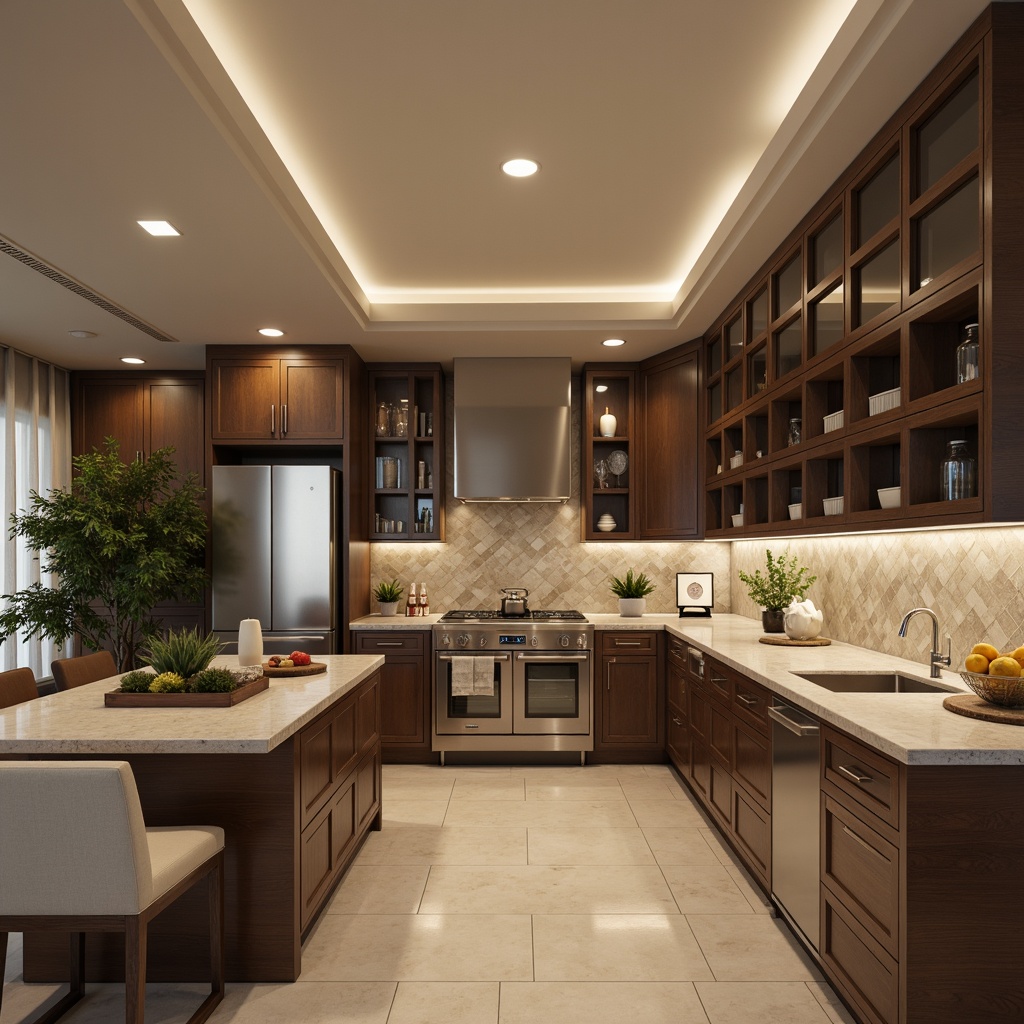 Prompt: Elegant kitchen, modern cabinetry, sleek countertops, decorative tiles, subtle texture, earthy tones, warm ambient lighting, soft focus, 1/1 composition, shallow depth of field, realistic rendering, natural stone backsplash, glass tile accents, stainless steel appliances, polished chrome fixtures, contemporary design.