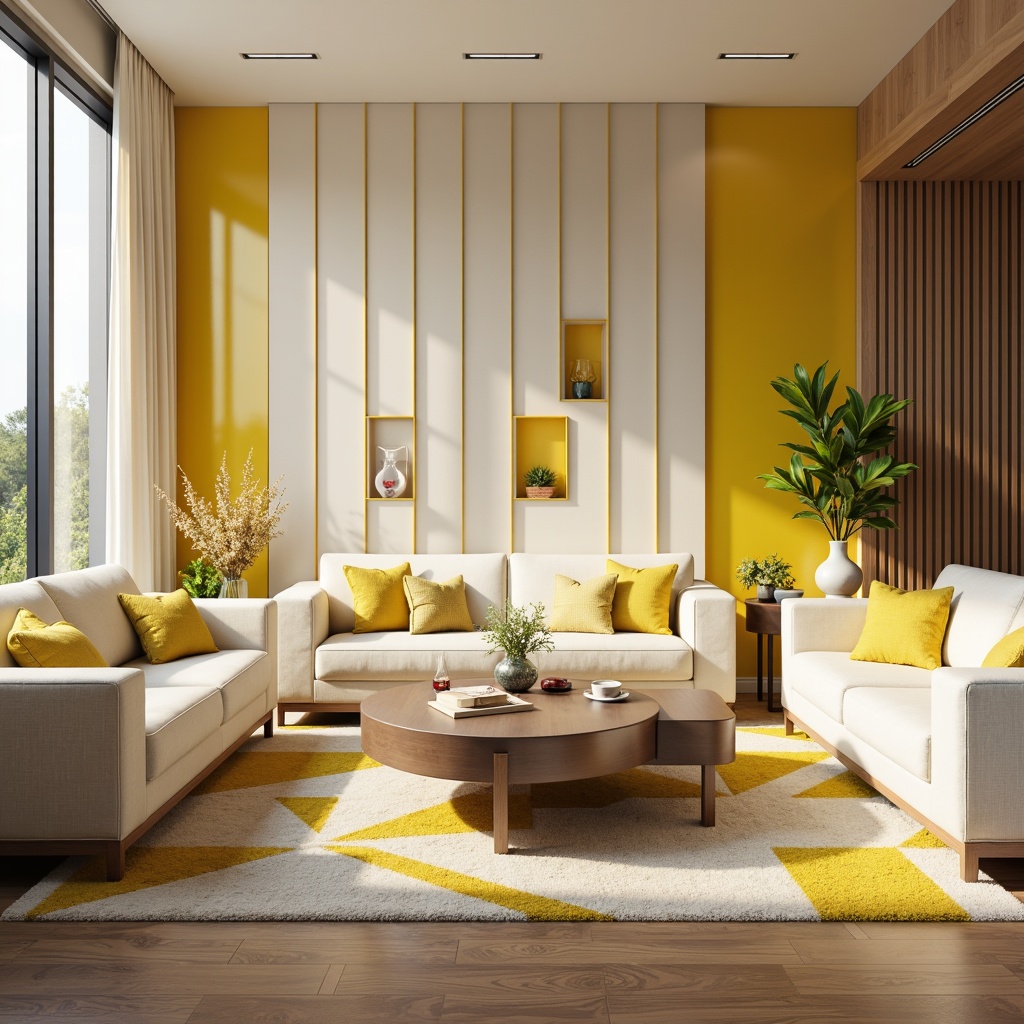 Prompt: Vibrant light yellow accents, colored glass details, modern minimalist decor, sleek furniture, elegant coffee tables, geometric-patterned rugs, warm beige walls, creamy white sofas, natural wood floors, floor-to-ceiling windows, soft diffused lighting, shallow depth of field, 1/1 composition, realistic textures, ambient occlusion.