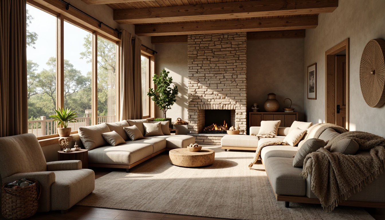 Prompt: Cozy living room, plush throw blankets, soft velvet couches, warm beige carpets, rustic wooden accents, natural stone fireplaces, comfortable reading nooks, floor-to-ceiling windows, gentle diffused lighting, calming earthy tones, organic patterns, woven baskets, chunky knitted pillows, tactile upholstery fabrics, soothing color palette, serene atmosphere, 1/2 composition, soft focus blur, warm ambient glow.