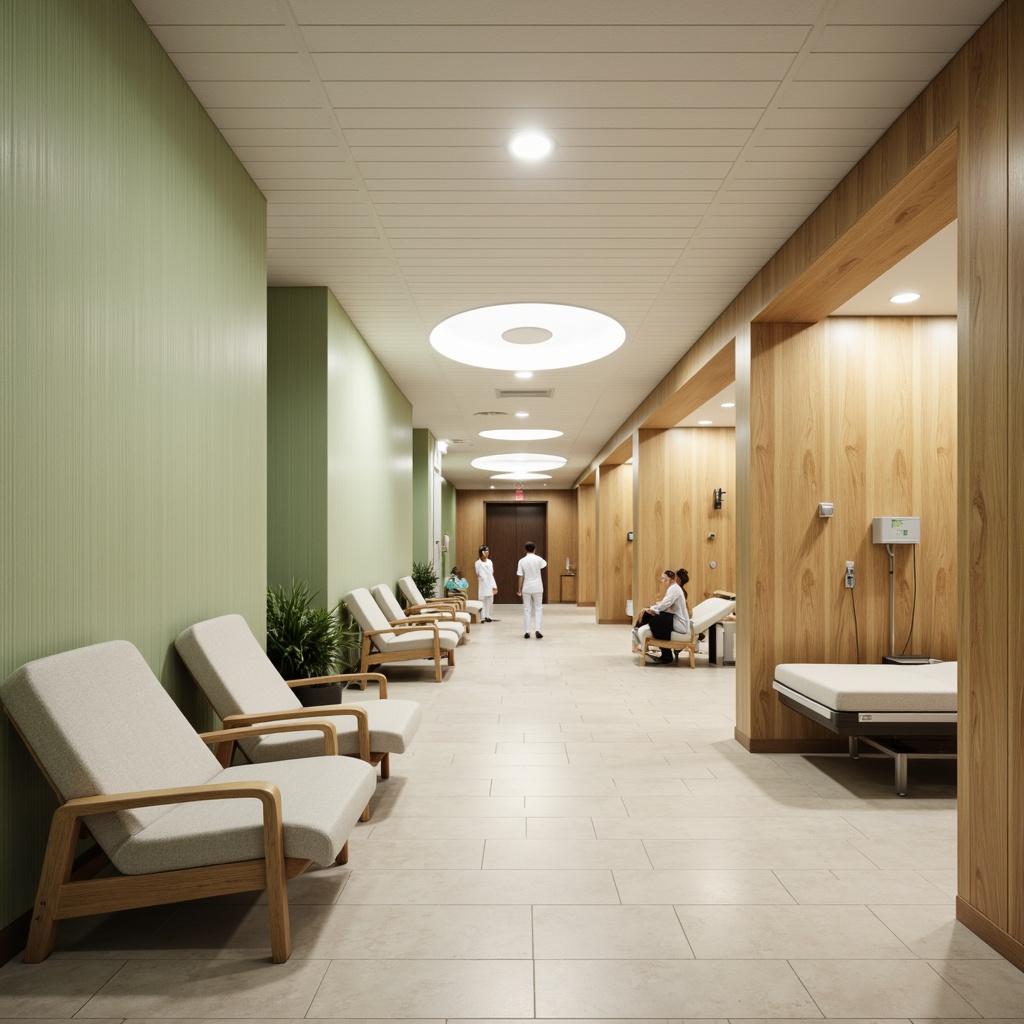 Prompt: Modern hospital interior, calming atmosphere, natural wood accents, soft pastel colors, comfortable patient chairs, adjustable bed frames, built-in medical equipment, ergonomic nurse stations, circular waiting areas, green walls, ambient lighting, warm color temperatures, shallow depth of field, 1/2 composition, realistic textures, subtle shadows.