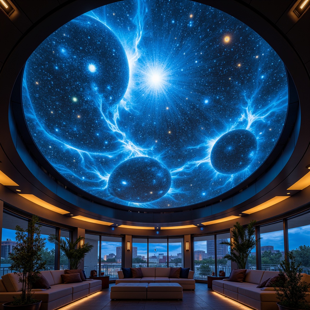 Prompt: Dome-shaped planetarium, starry night sky, cosmic-inspired ceiling patterns, iridescent colors, glowing nebulae, 3D projection mapping, dark blue tones, twinkling LED lights, futuristic architecture, curved lines, minimalist decor, sleek metal accents, ambient lighting, soft warm glow, shallow depth of field, 1/1 composition, realistic textures, atmospheric effects.