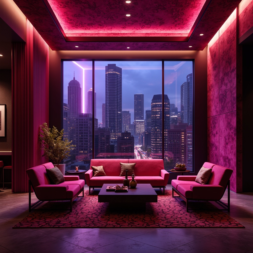 Prompt: Vibrant magenta accent wall, rich berry tones, luxurious velvet fabrics, metallic rose gold accents, deep plum shadows, bold geometric patterns, sleek modern furniture, neon-lit cityscape backdrop, electric blue highlights, warm golden lighting, high-contrast dramatic ambiance, cinematic color grading, futuristic urban aesthetic, avant-garde artistic expression.