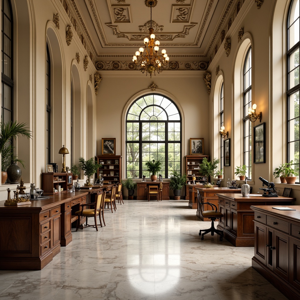 Prompt: Elegant laboratory interior, classical architecture, symmetrical composition, ornate columns, carved wooden accents, cream-colored walls, polished marble floors, grand chandeliers, wooden workbenches, metal instrument tables, antique scientific equipment, vintage microscopes, leather-bound books, classic wooden chairs, subtle warm lighting, shallow depth of field, 1/1 composition, realistic textures, ambient occlusion.