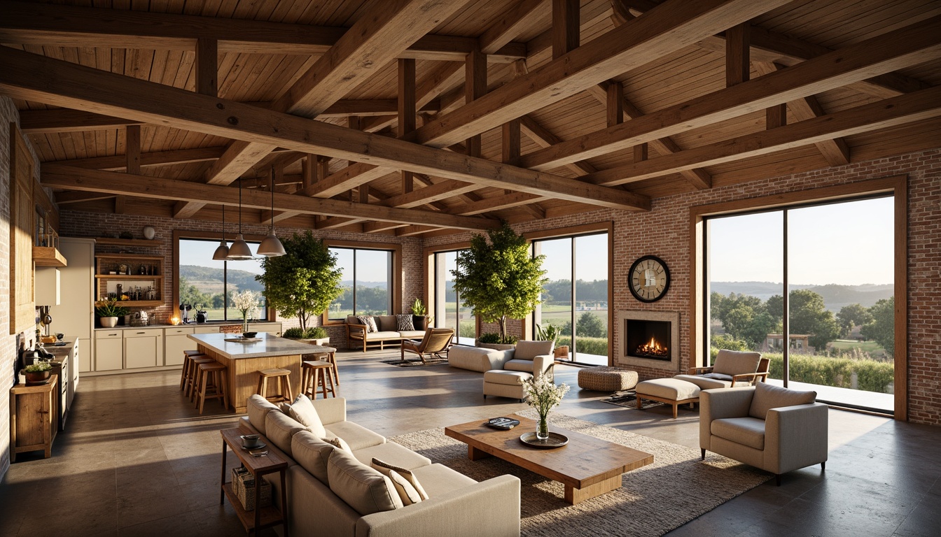 Prompt: Rustic farmhouse, open floor plan, wooden beams, exposed brick walls, natural stone floors, vintage decorations, shiplap ceilings, modern country kitchen, large island, pendant lights, comfortable living area, plush sofas, stone fireplace, sliding glass doors, panoramic views, rolling hills, countryside scenery, warm sunny day, soft diffused lighting, 1/2 composition, cozy atmosphere, realistic textures.