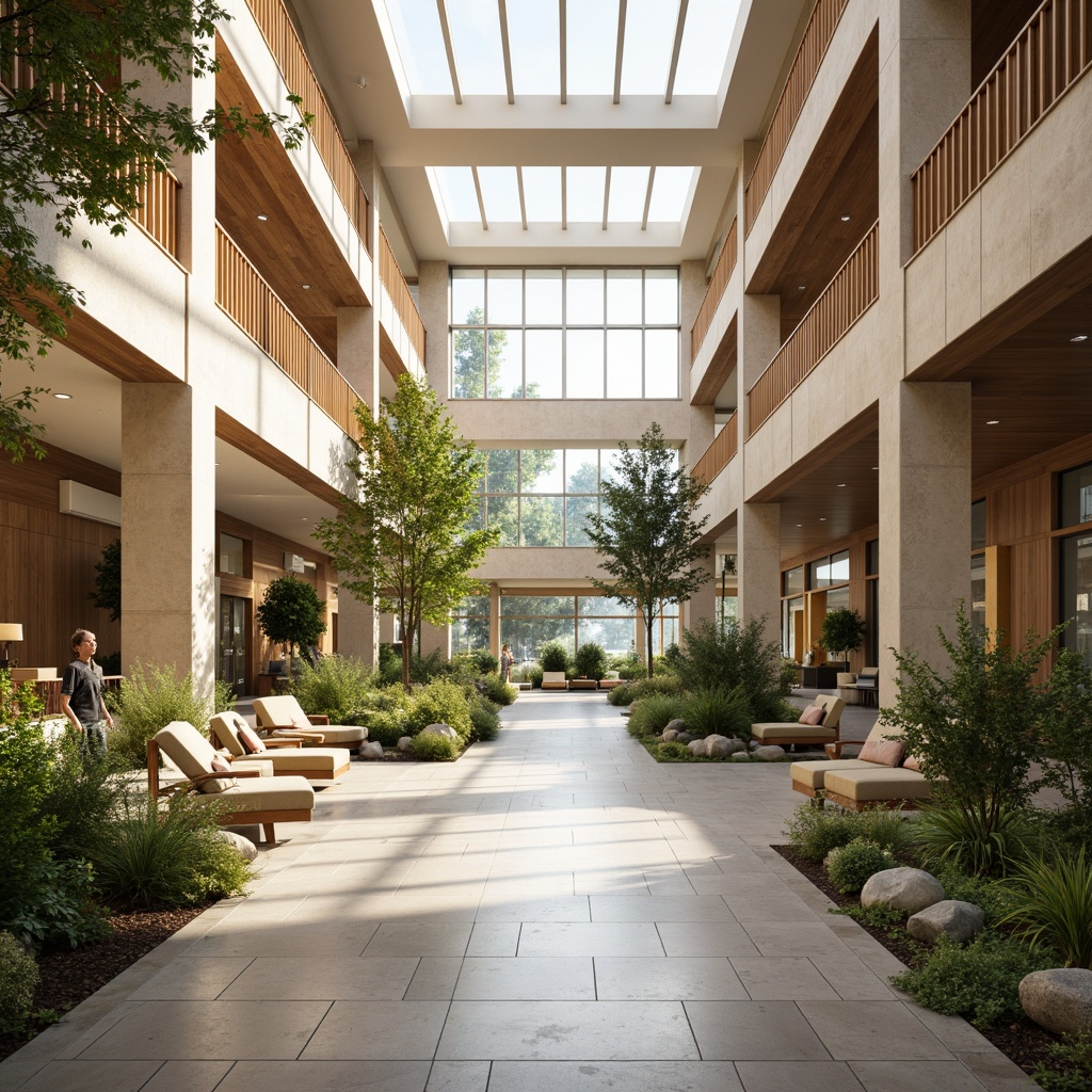 Prompt: Spacious hospital lobby, large windows, clerestory lighting, natural stone floors, wooden accents, calming water features, lush greenery, warm beige tones, soft diffused light, 1/2 composition, shallow depth of field, realistic textures, ambient occlusion.