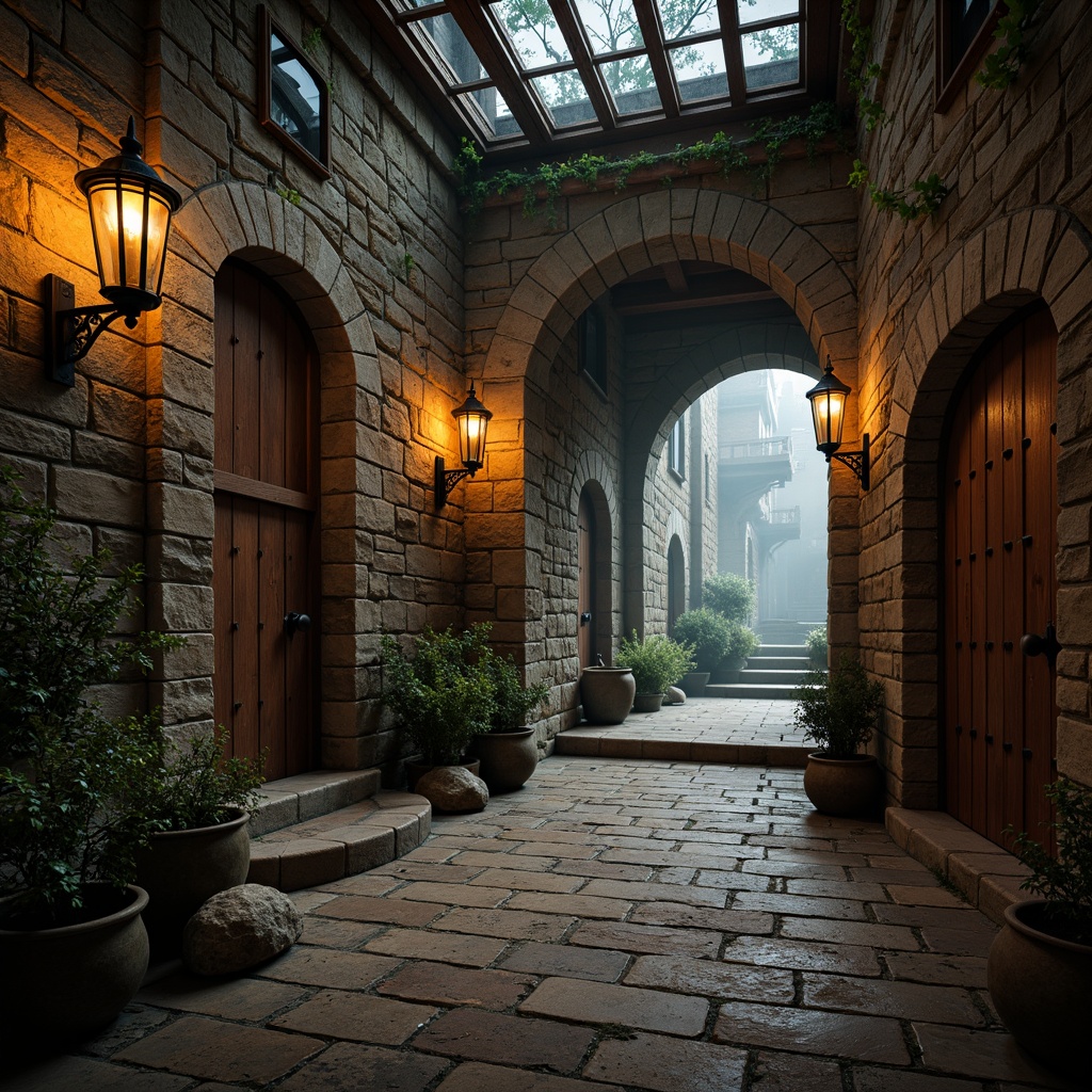 Prompt: Rustic stone walls, earthy tone colors, distressed finishes, medieval-inspired architecture, fantasy settings, mythical creatures, mystical ambiance, warm torch lighting, mysterious shadows, ornate metal fittings, worn wooden accents, aged brick textures, vines crawling up walls, misty atmosphere, cinematic composition, high contrast lighting, dramatic focal points.