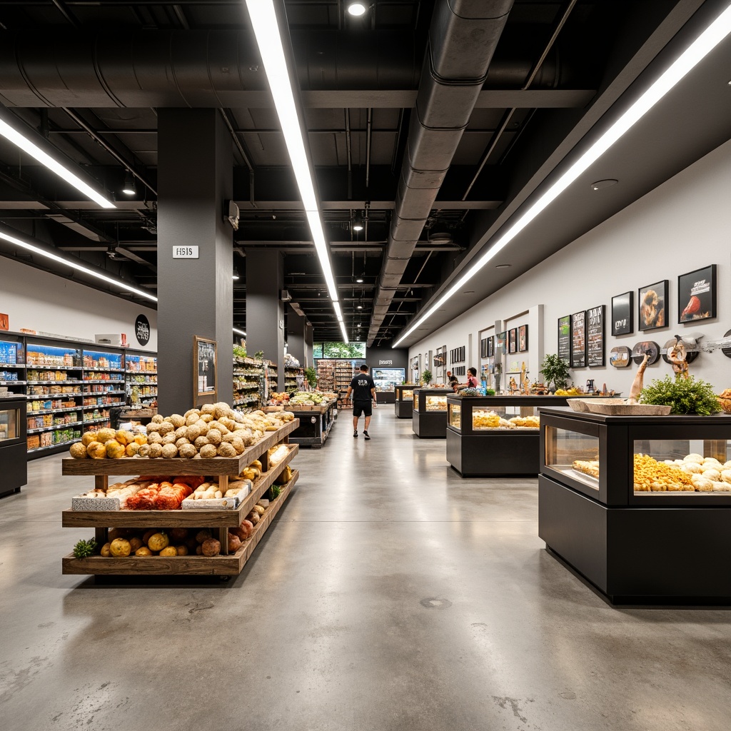 Prompt: Sleek modern grocery store, polished concrete floors, minimalist shelving units, LED light strips, warm white ambiance, suspended ceiling fixtures, recessed lighting, elegant signage, glass display cases, matte metal accents, neutral color palette, optimized shelf layouts, energy-efficient lighting systems, soft indirect illumination, 1/2 composition, realistic reflections, ambient occlusion.