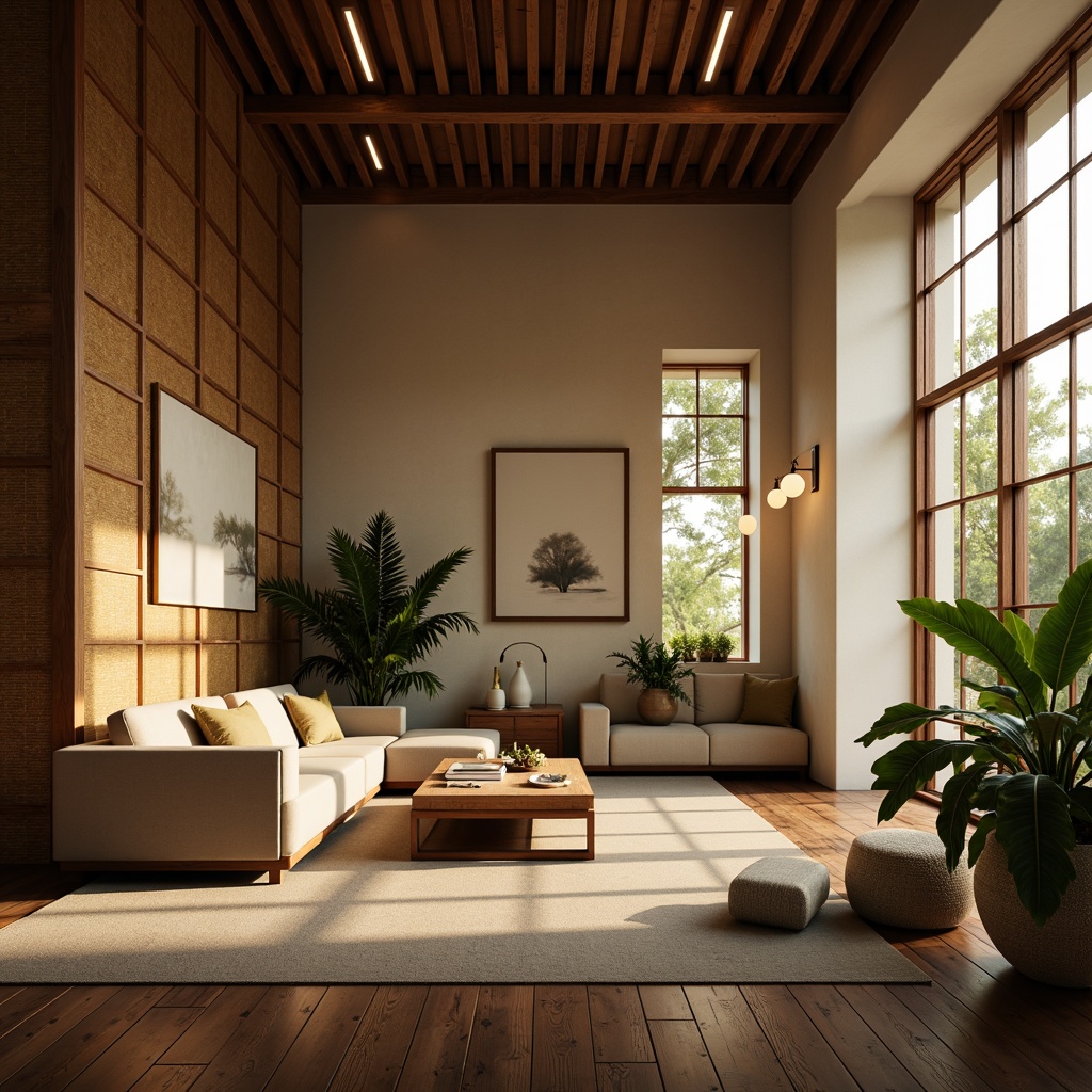 Prompt: Soothing Asian-style living room, warm beige walls, rich dark wood accents, intricate oriental patterns, lush greenery, natural silk fabrics, subtle golden lighting, delicate paper lanterns, traditional Japanese sliding doors, minimalist decor, tranquil atmosphere, soft morning light, shallow depth of field, 1/1 composition, realistic textures, ambient occlusion.