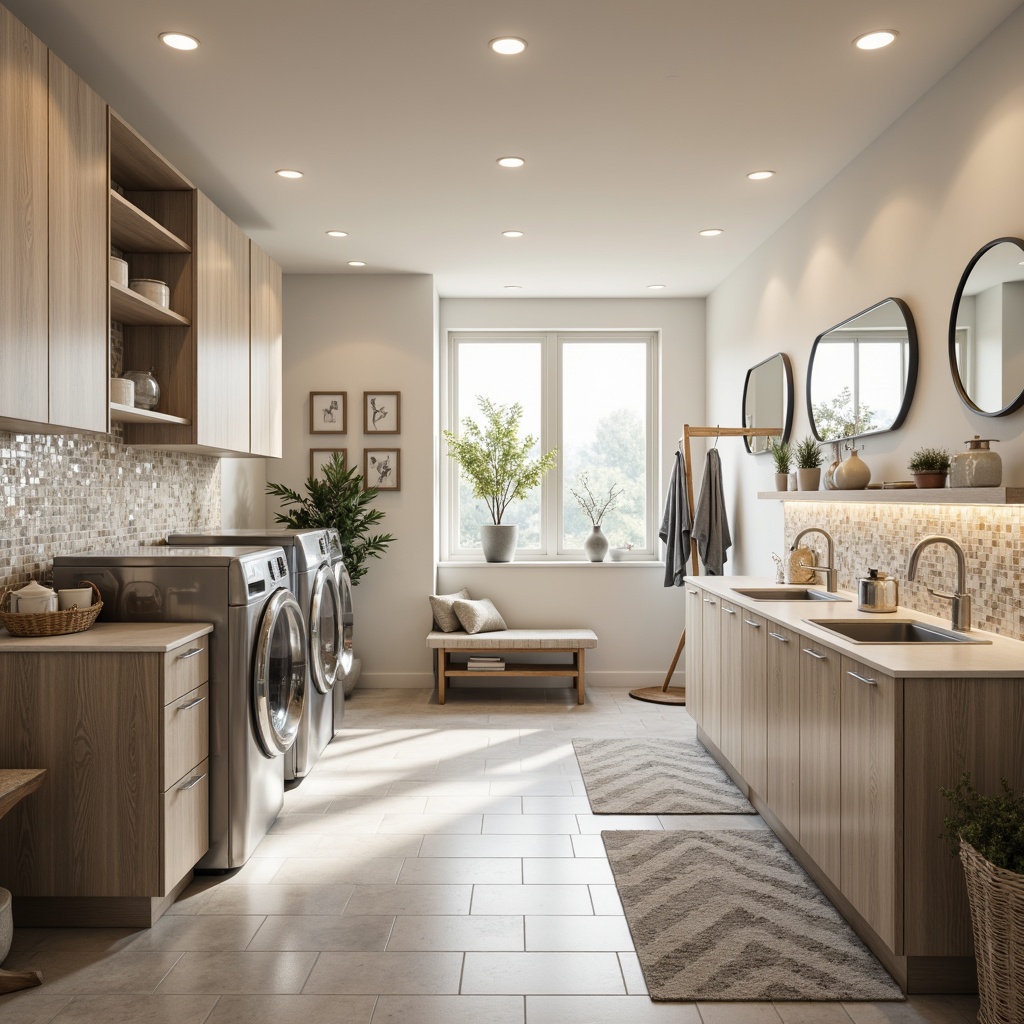 Prompt: Bright laundry room, soft warm lighting, task-oriented LED strips, ambient overhead lighting, recessed ceiling fixtures, energy-efficient solutions, sleek modern cabinets, stainless steel appliances, minimalist countertops, ample storage shelves, hanging rods, ironing boards, natural stone flooring, light-colored walls, airy ventilation systems, circular mirrors, decorative wall tiles.