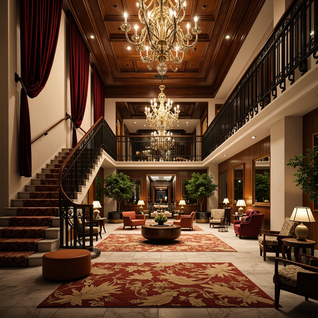 Prompt: Luxurious hotel lobby, grand staircase, ornate metal railings, intricate wood carvings, elegant chandeliers, rich velvet drapes, ornamental mirrors, lavish furnishings, plush area rugs, botanical patterns, curved lines, flowing shapes, organic forms, sinuous motifs, warm golden lighting, soft focus, shallow depth of field, 2/3 composition, atmospheric perspective, high-end materials, opulent textures, realistic reflections.