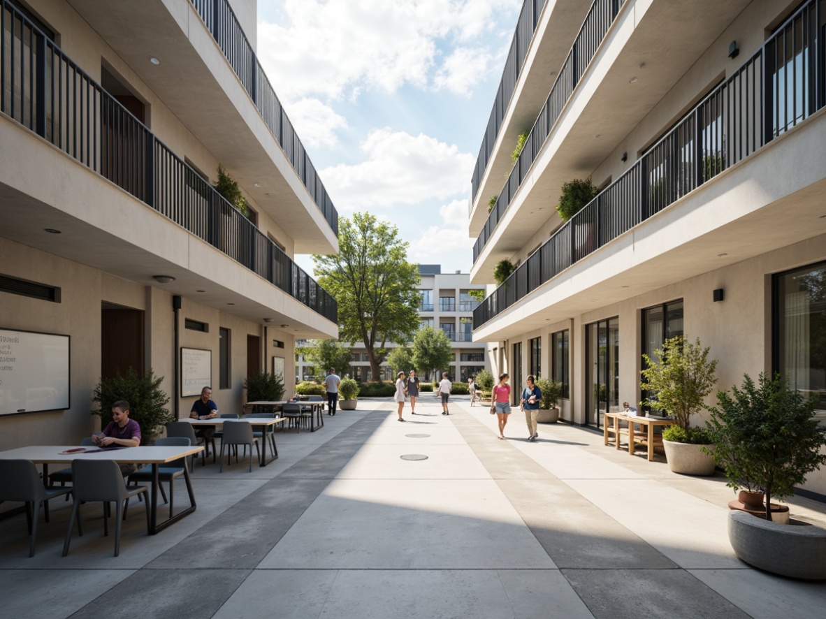 Prompt: Spacious high school courtyard, minimalist architecture, clean lines, monochromatic color scheme, natural light, open-air corridors, sleek metal railings, polished concrete floors, subtle textures, modern furniture, ergonomic chairs, collaborative learning spaces, interactive whiteboards, floor-to-ceiling windows, abundant greenery, soft warm lighting, shallow depth of field, 3/4 composition, panoramic view, realistic reflections, ambient occlusion.