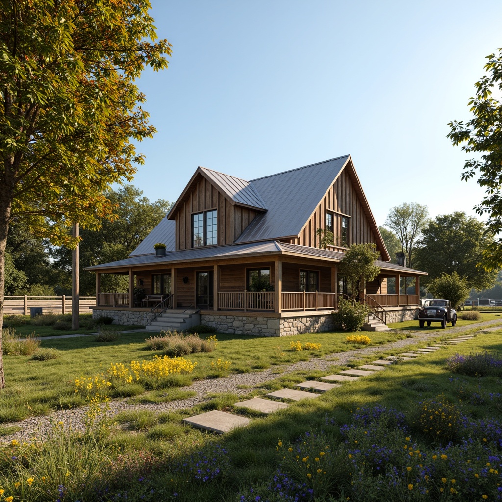 Prompt: Rustic farmhouse, reclaimed wood accents, natural stone foundation, corrugated metal roofs, earthy color palette, organic gardens, wildflower fields, vintage farm equipment, wooden fencing, country roads, sunny afternoon, soft warm lighting, shallow depth of field, 1/2 composition, panoramic view, realistic textures, ambient occlusion.