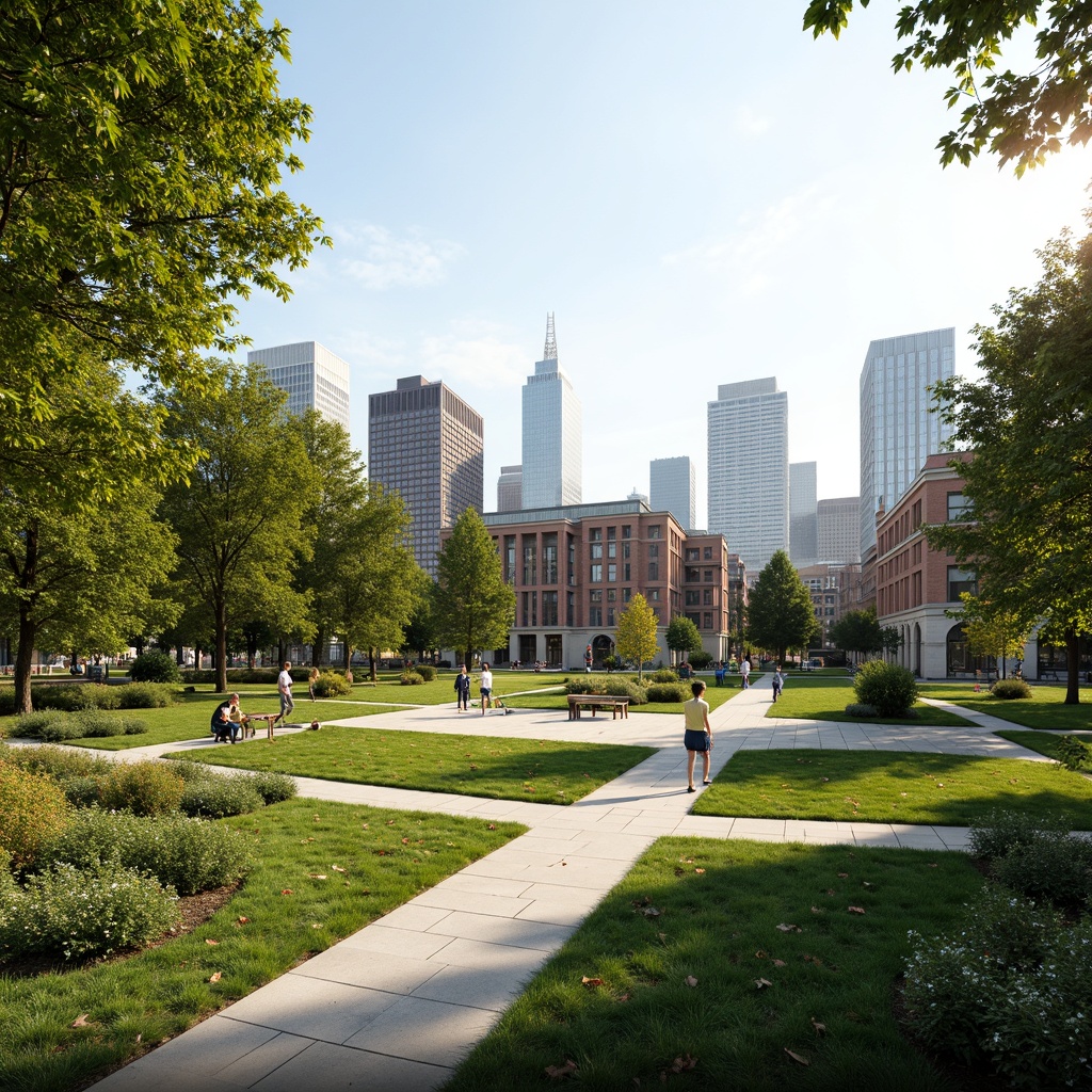 Prompt: Vibrant park, lush greenery, walking paths, benches, street lamps, urban landscape, modern architecture, glass buildings, natural stone walls, open plaza, city skyline, sunny day, soft warm lighting, shallow depth of field, 3/4 composition, panoramic view, realistic textures, ambient occlusion.