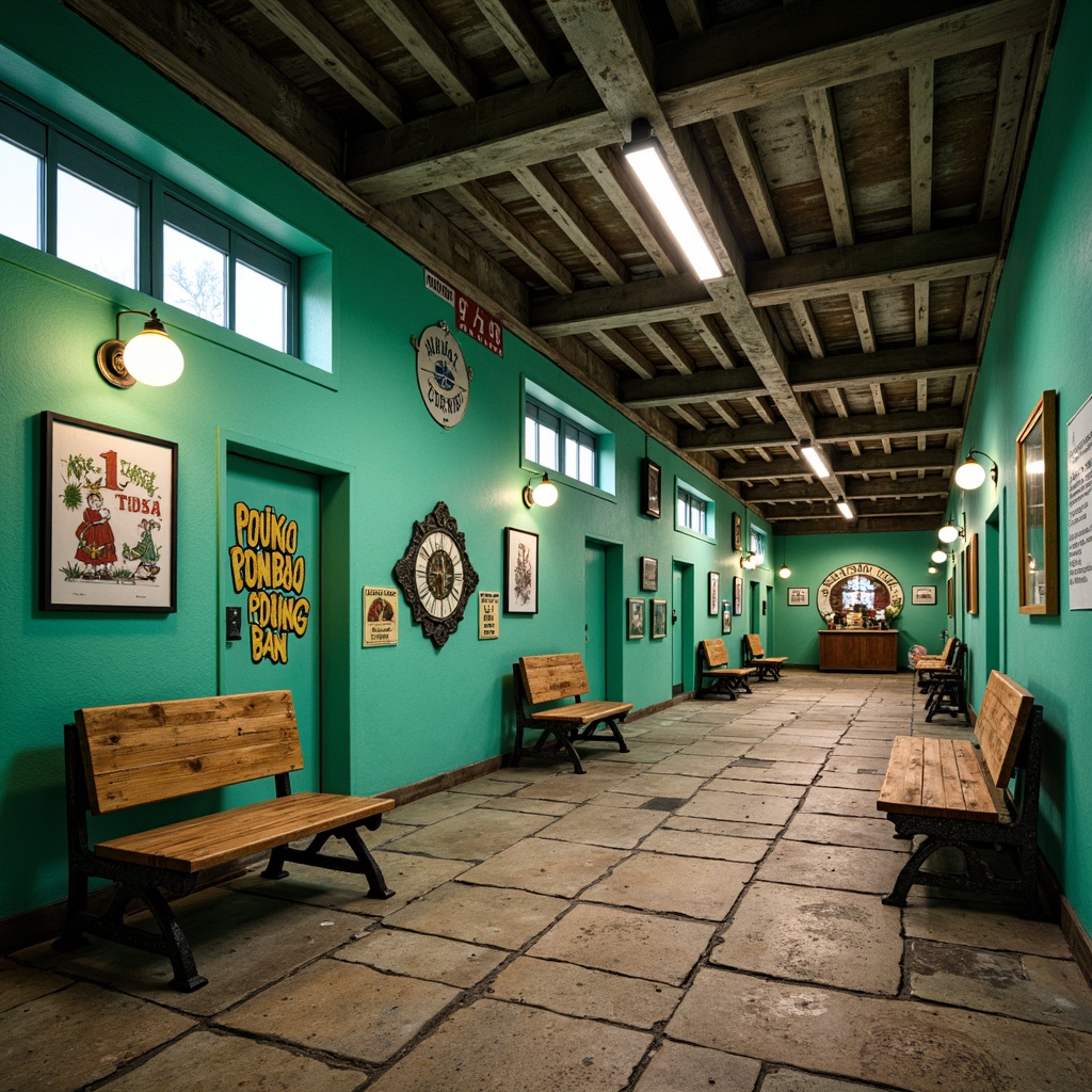 Prompt: Vibrant mint green walls, sleek metal beams, industrial-style lamps, distressed wooden benches, rustic stone floors, eclectic signage, whimsical graffiti, ornate ironwork, vintage luggage racks, retro-styled clock towers, soft warm lighting, shallow depth of field, 1/2 composition, panoramic view, realistic textures, ambient occlusion.