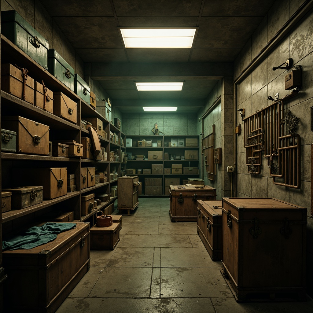 Prompt: Moody storage room, distressed wooden crates, vintage metal trunks, rusty old tools, dim warm lighting, earthy brown tones, muted green hues, weathered concrete walls, rough-textured stone floors, industrial metal shelving, worn leather straps, faded blue denim fabrics, ornate bronze hardware, atmospheric mist, shallow depth of field, 1/2 composition, cinematic framing, high contrast ratio, realistic textures, ambient occlusion.