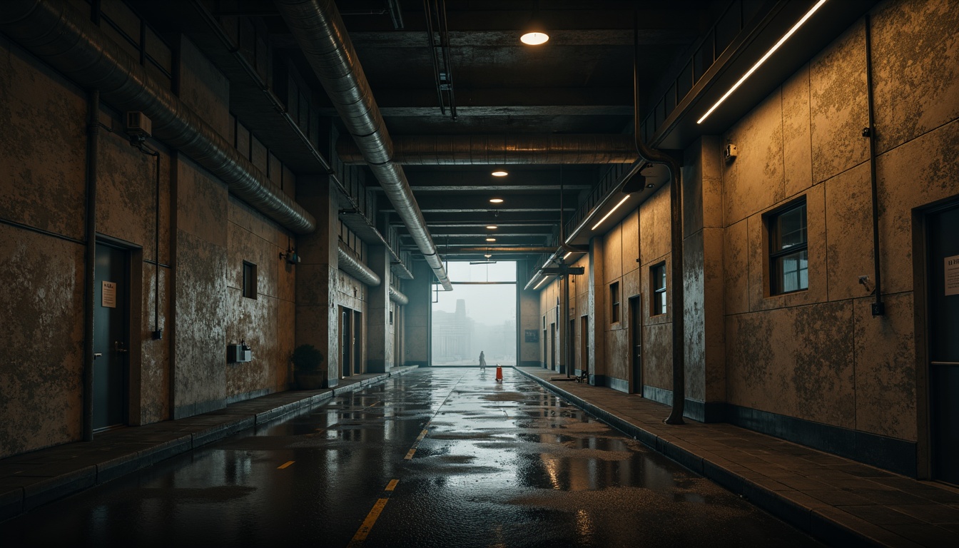 Prompt: Rough concrete textures, brutalist architecture, industrial atmosphere, dim warm lighting, soft shadows, exposed ductwork, metal beams, raw unfinished walls, urban cityscape, rainy day, misty fog, dramatic high contrast, cinematic mood, low-key lighting, sidelight, backlight, atmospheric haze, 1/1 composition, realistic render, ambient occlusion.