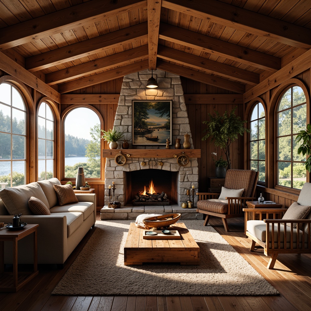 Prompt: Cozy boathouse interior, warm wood accents, rustic wooden beams, natural stone fireplace, plush furnishings, nautical decor, vintage navigational instruments, soft warm lighting, shallow depth of field, 1/1 composition, intimate atmosphere, earthy color palette, reclaimed wood flooring, wooden boat models, lake-inspired artwork, tranquil water views, surrounding forest landscape.