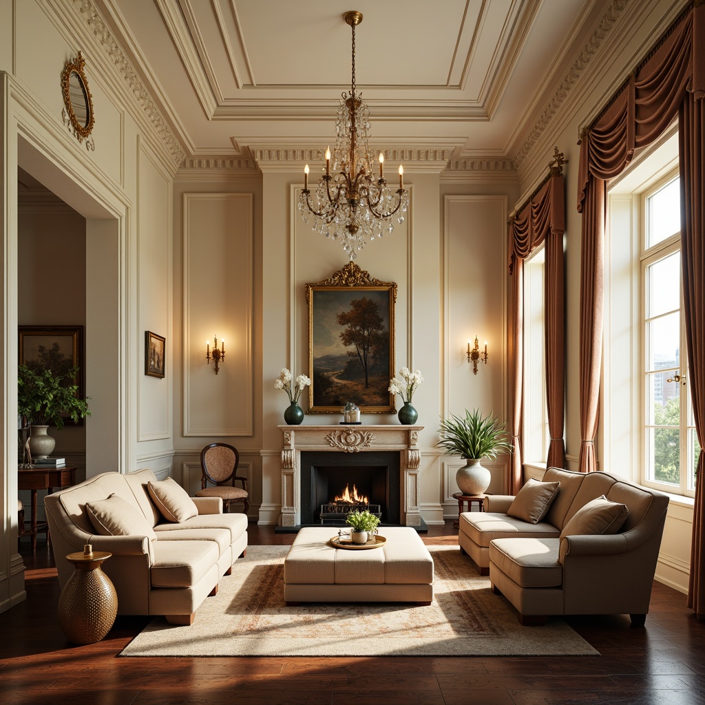 Prompt: Elegant family room, cream-colored walls, dark wood flooring, ornate moldings, classic furniture, velvet sofas, carved wooden armchairs, tufted ottomans, golden lighting fixtures, crystal chandeliers, rich drapery, subtle patterns, soft warm colors, cozy atmosphere, morning sunlight, shallow depth of field, 1/1 composition, symmetrical layout, realistic textures, ambient occlusion.