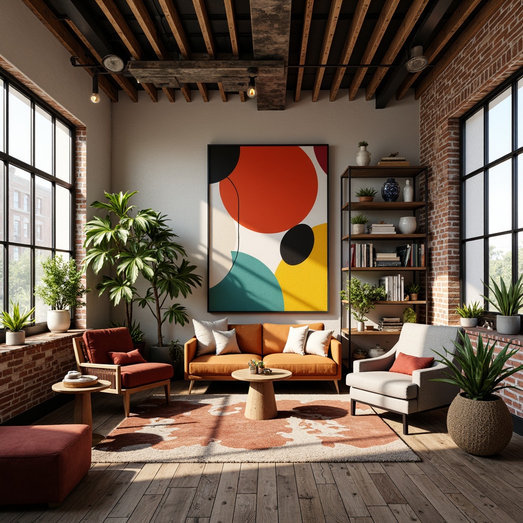 Prompt: Vibrant art studio, eclectic furniture, abstract artwork, bold color blocking, contrasting textures, industrial metal accents, reclaimed wood floors, floor-to-ceiling windows, natural light pouring in, soft warm glow, cozy atmosphere, 1/1 composition, realistic renderings, ambient occlusion.