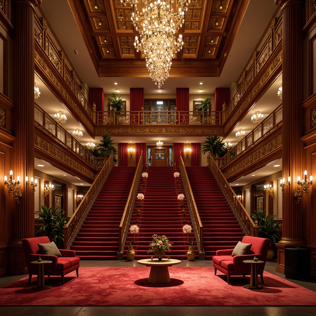 Prompt: Luxurious opera house interior, grand staircase, ornate balconies, velvet drapes, golden accents, crystal chandeliers, plush red carpeting, elegant wooden paneling, modern minimalist furniture, sleek metal frames, luxurious upholstery, rich fabrics, intricate carvings, dramatic lighting, spotlighting, soft warm glow, 1/1 composition, realistic textures, ambient occlusion.