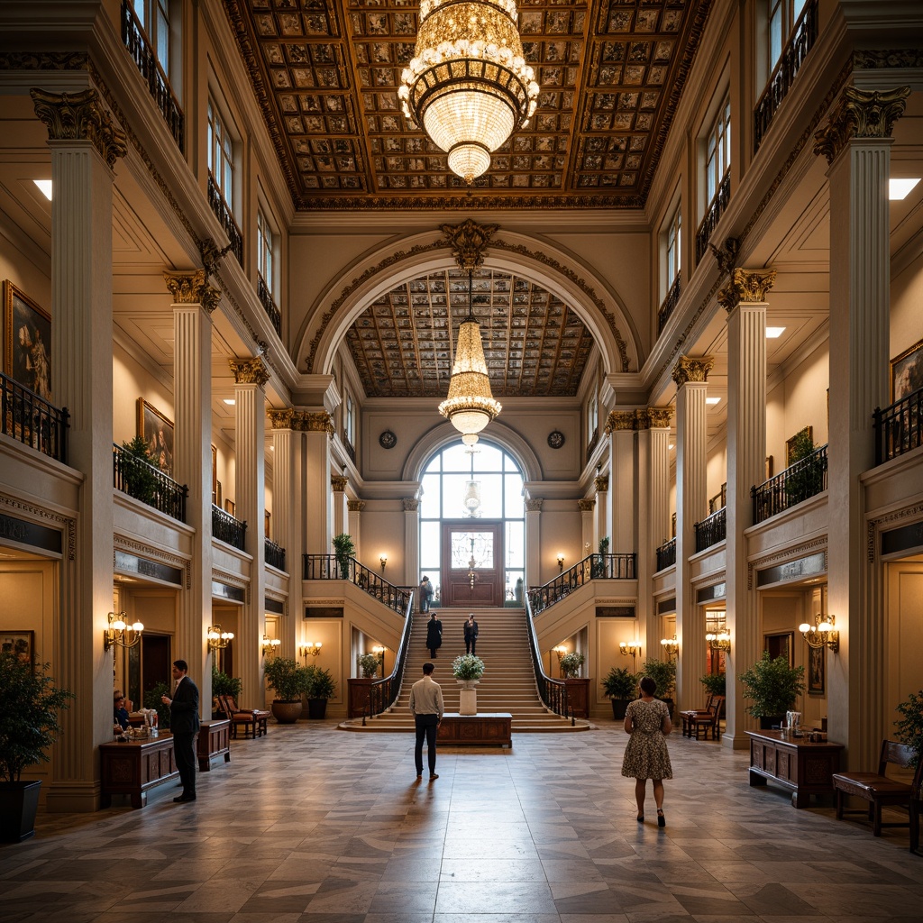 Prompt: Grandiose government building, Corinthian columns, ornate carvings, intricate moldings, lavish furnishings, majestic staircases, high ceilings, crystal chandeliers, marble floors, Renaissance-inspired facades, symmetrical composition, classical proportions, golden accents, solemn atmosphere, warm soft lighting, shallow depth of field, 1/2 composition, realistic textures, ambient occlusion.