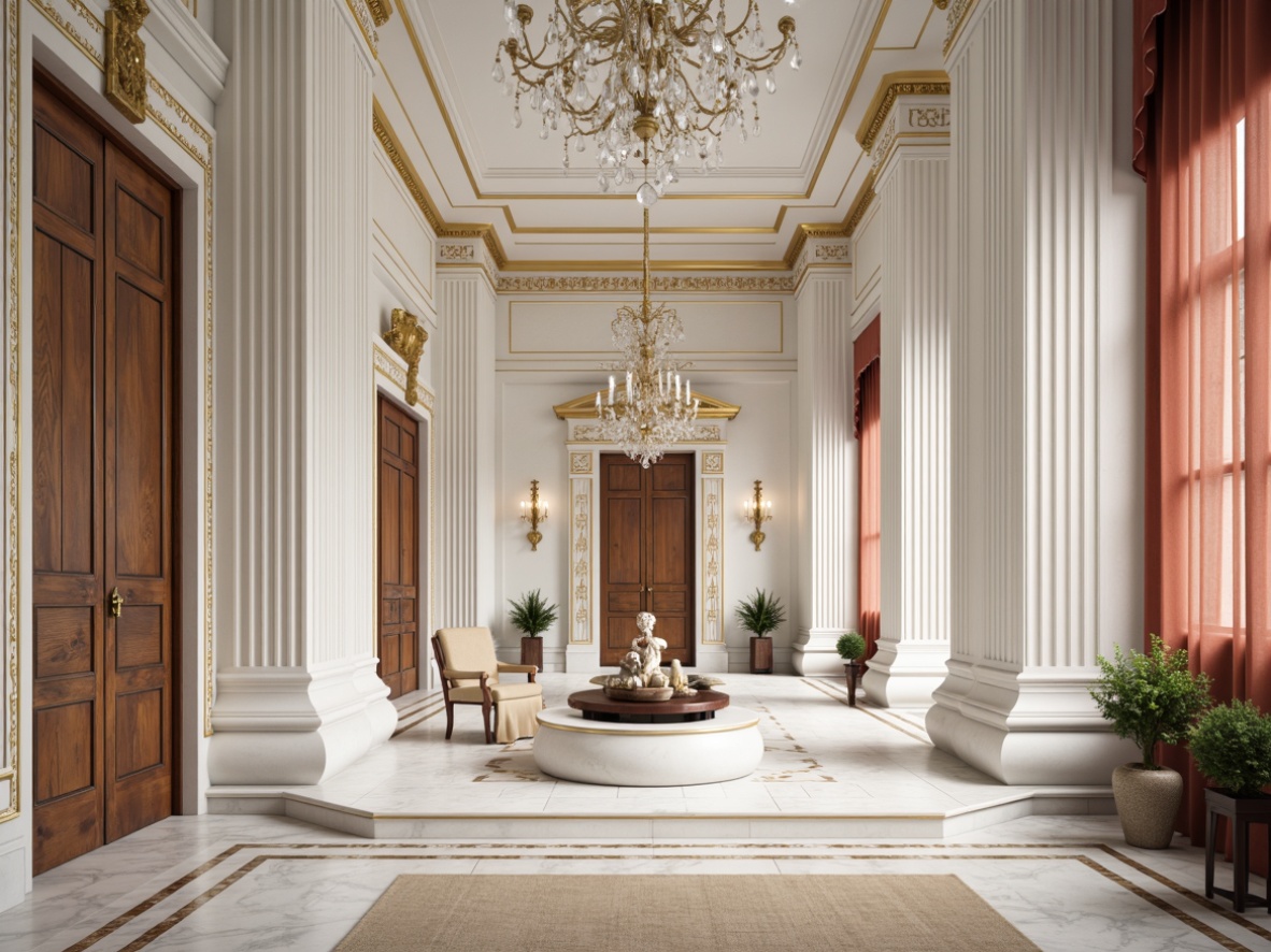 Prompt: Elegant neoclassical interior, ornate molding details, white marble columns, intricate carvings, gilded accents, refined ornamentation, subtle texture contrasts, luxurious fabrics, velvet drapes, crystal chandeliers, symmetrical layouts, balanced proportions, soft warm lighting, shallow depth of field, 1/1 composition, realistic textures, ambient occlusion.